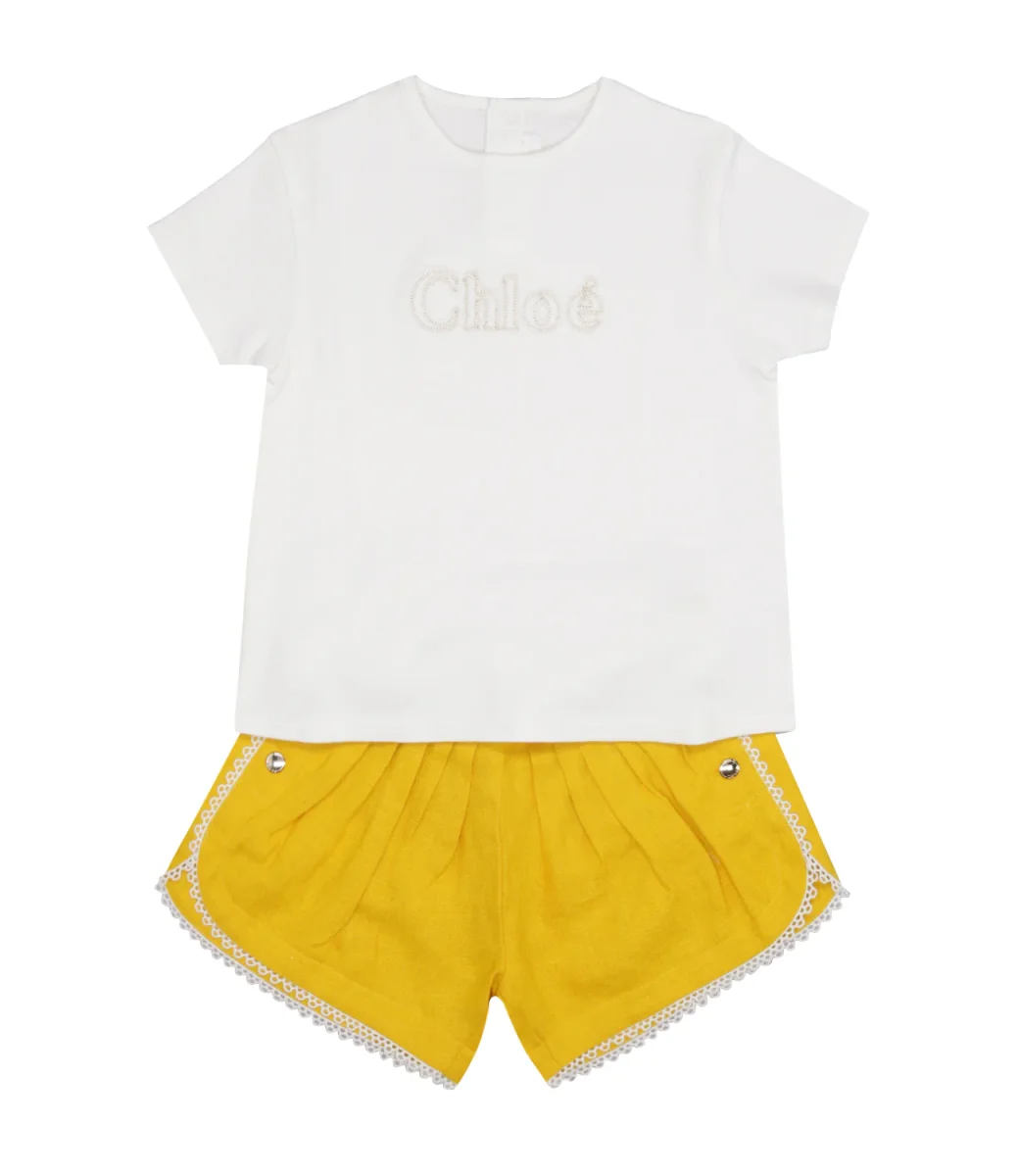 Chloè Kids | Set T-Shirt e Bermuda Bianco e Giallo - immagine 2