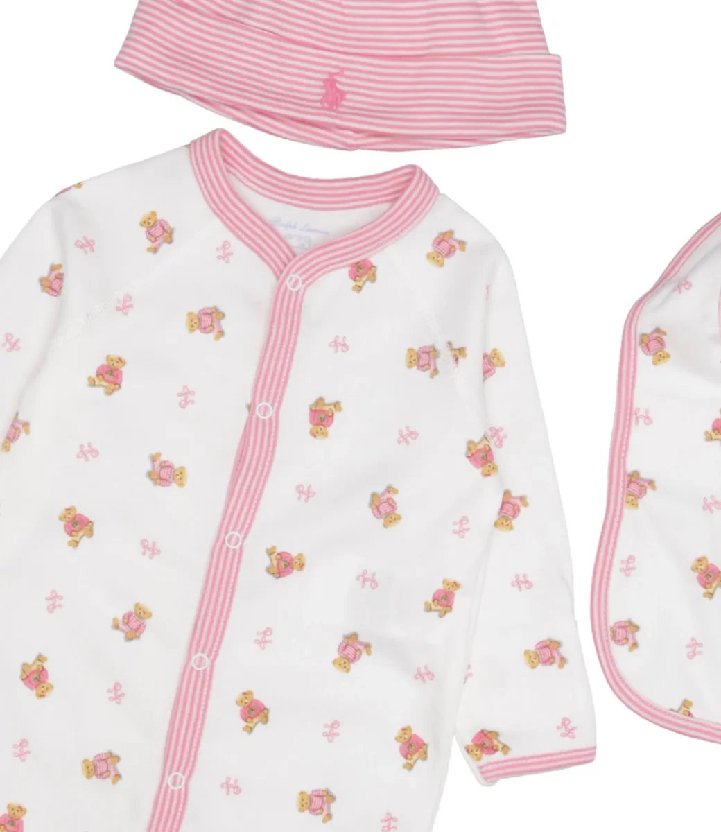 Ralph Lauren Childrenswear | Set Tutina Cappello e Bavaglino Bianco e Rosa - immagine 4